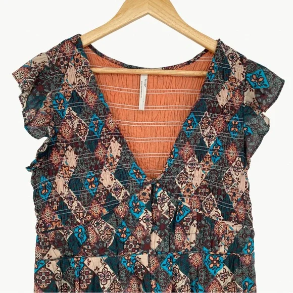 Anthropologie Women's The Peregrine Smocked Midi Dress Sz Large, Brown Multi - Picture 9 of 16
